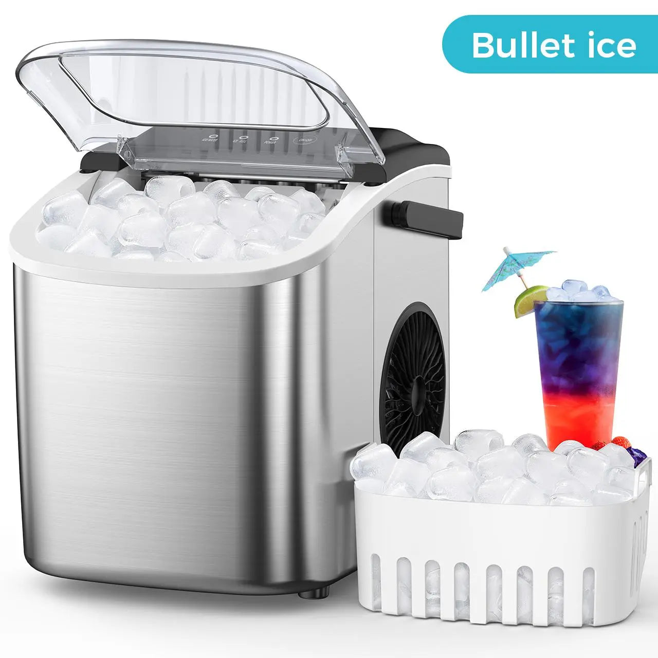 COWSAR Bullet Ice Maker Countertop with Self-Cleaning, Staninless Steel or ABS Plastic, 26.5Lbs/24Hrs, 6 Mins/9 Pcs Bullet Ice, Portable Ice Maker for Kitchen/Home/Office/Party/Rv
