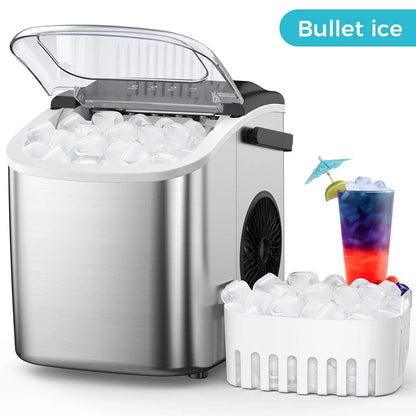 COWSAR Bullet Ice Maker Countertop with Self-Cleaning, Staninless Steel or ABS Plastic, 26.5Lbs/24Hrs, 6 Mins/9 Pcs Bullet Ice, Portable Ice Maker for Kitchen/Home/Office/Party/Rv