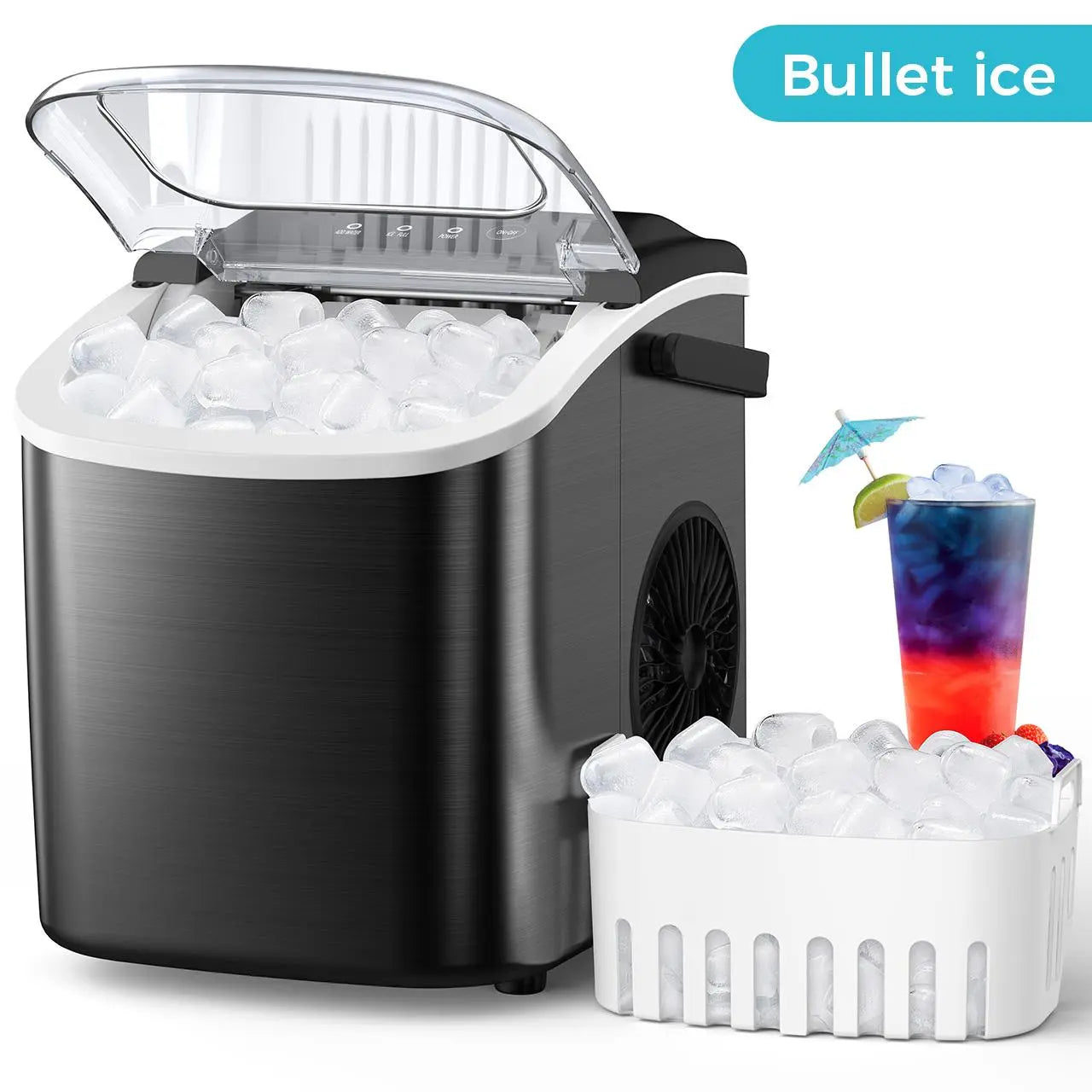 COWSAR Bullet Ice Maker Countertop with Self-Cleaning, Staninless Steel or ABS Plastic, 26.5Lbs/24Hrs, 6 Mins/9 Pcs Bullet Ice, Portable Ice Maker for Kitchen/Home/Office/Party/Rv