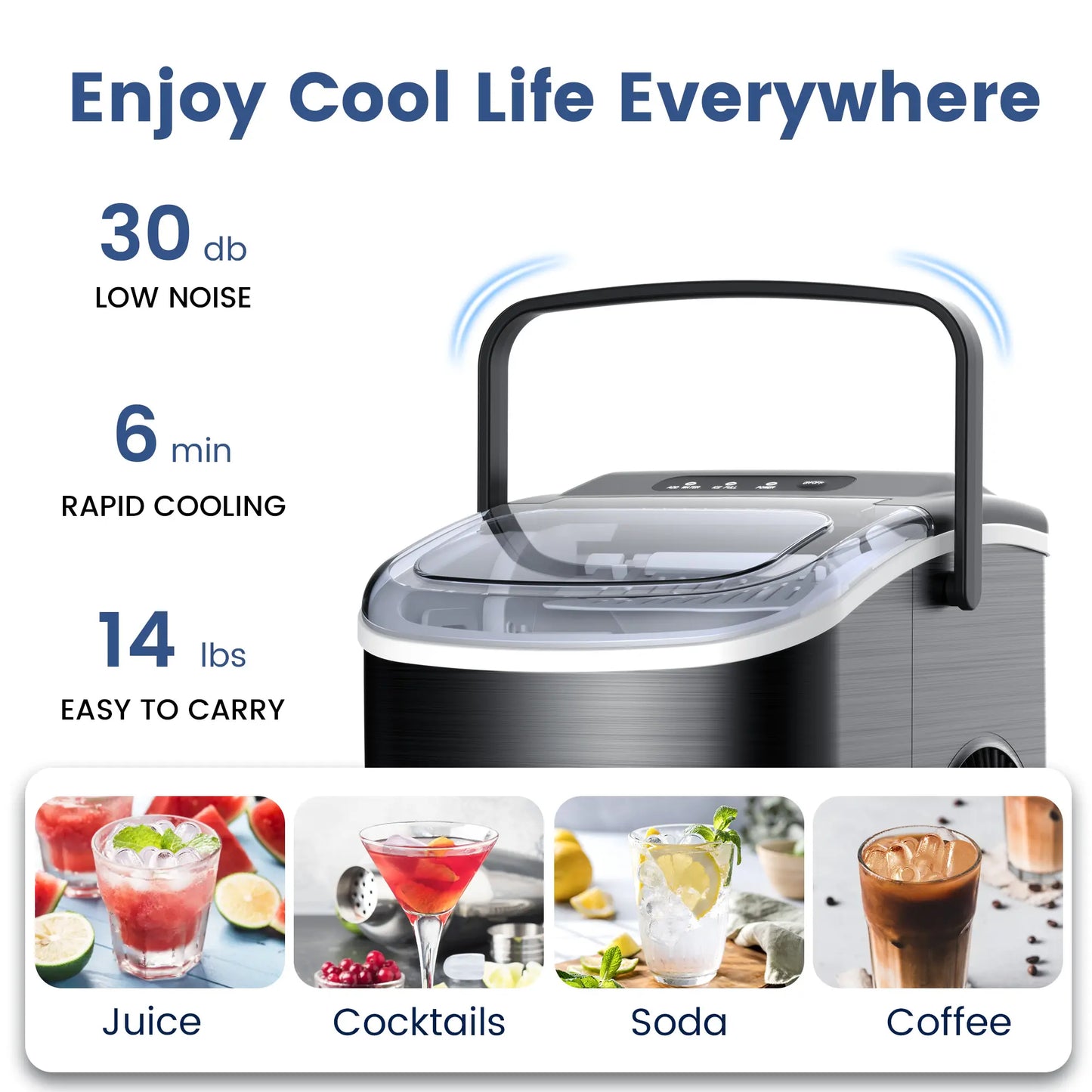 COWSAR Bullet Ice Maker Countertop with Self-Cleaning, Staninless Steel or ABS Plastic, 26.5Lbs/24Hrs, 6 Mins/9 Pcs Bullet Ice, Portable Ice Maker for Kitchen/Home/Office/Party/Rv