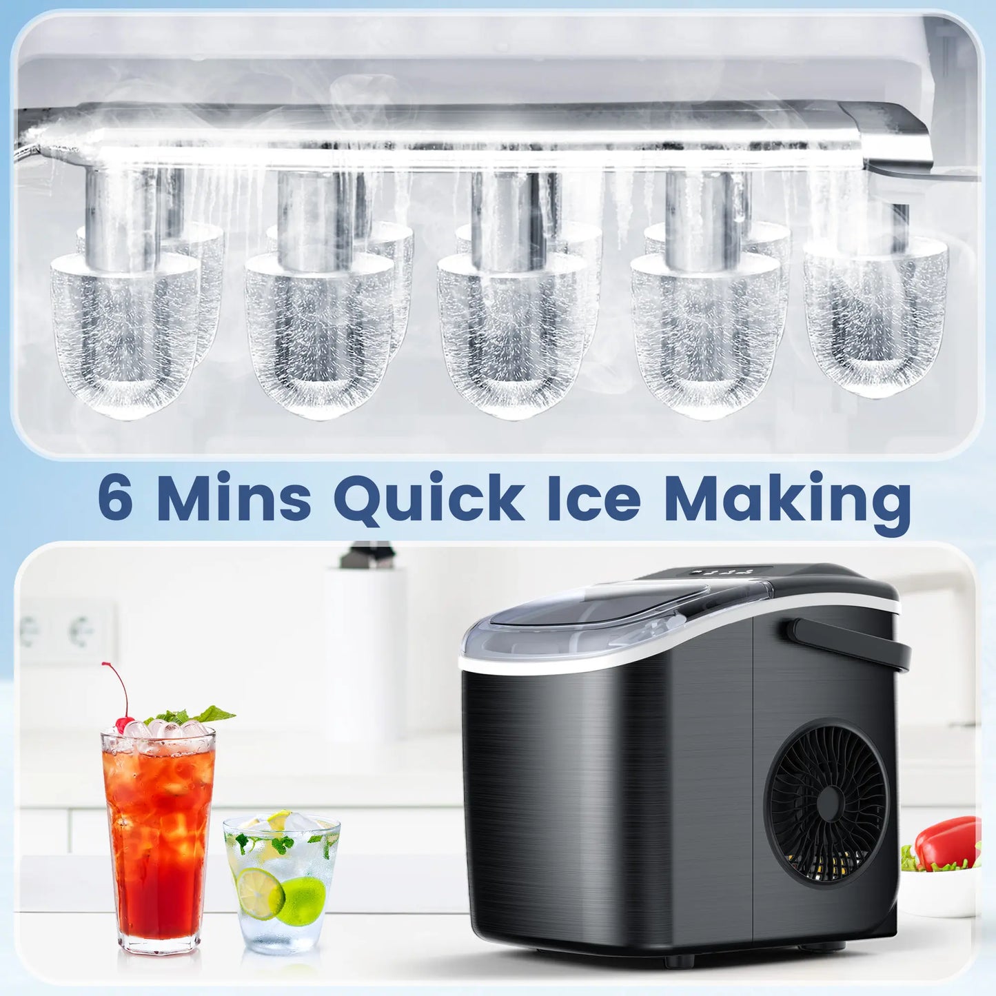 COWSAR Bullet Ice Maker Countertop with Self-Cleaning, Staninless Steel or ABS Plastic, 26.5Lbs/24Hrs, 6 Mins/9 Pcs Bullet Ice, Portable Ice Maker for Kitchen/Home/Office/Party/Rv