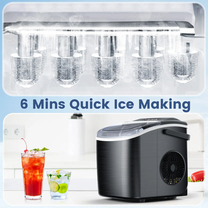 COWSAR Bullet Ice Maker Countertop with Self-Cleaning, Staninless Steel or ABS Plastic, 26.5Lbs/24Hrs, 6 Mins/9 Pcs Bullet Ice, Portable Ice Maker for Kitchen/Home/Office/Party/Rv
