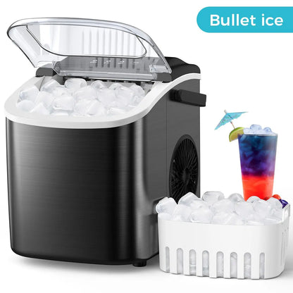COWSAR Bullet Ice Maker Countertop with Self-Cleaning, Staninless Steel or ABS Plastic, 26.5Lbs/24Hrs, 6 Mins/9 Pcs Bullet Ice, Portable Ice Maker for Kitchen/Home/Office/Party/Rv