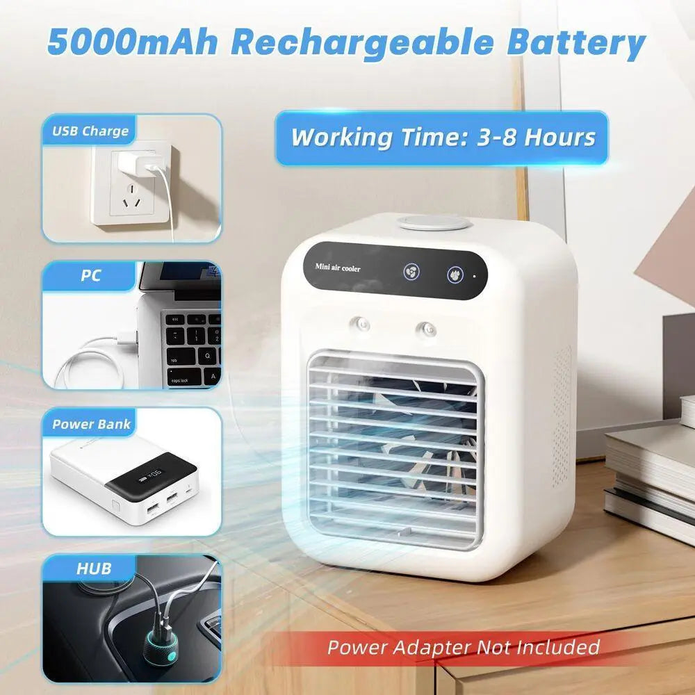 【Summervibes】 2026 NEW Portable Air Cooler,3-In-1 Cooling Fan with 2 Mist Speeds – Personal Evaporative Cooler for Bedroom, Office & Camping, 1800Mah Battery & 500Ml Tank Portable Air Conditioner