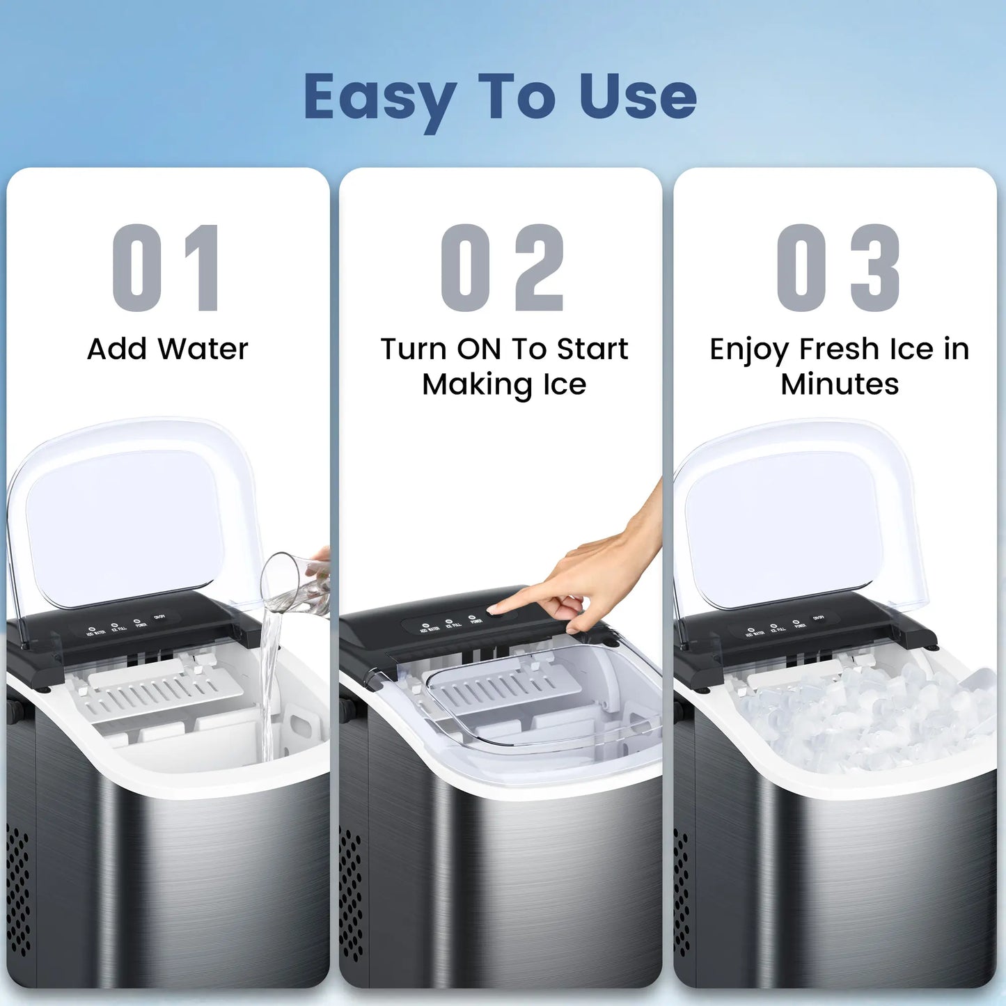 COWSAR Bullet Ice Maker Countertop with Self-Cleaning, Staninless Steel or ABS Plastic, 26.5Lbs/24Hrs, 6 Mins/9 Pcs Bullet Ice, Portable Ice Maker for Kitchen/Home/Office/Party/Rv