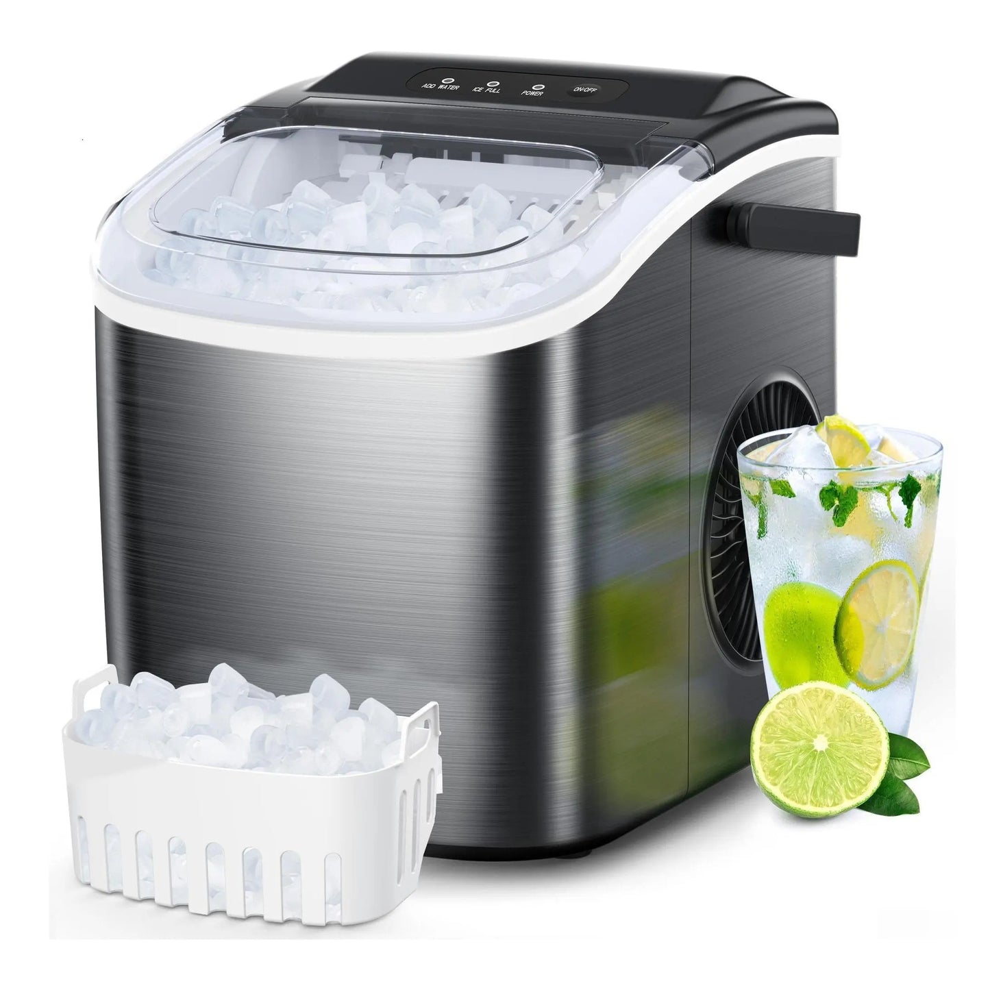 COWSAR Bullet Ice Maker Countertop with Self-Cleaning, Staninless Steel or ABS Plastic, 26.5Lbs/24Hrs, 6 Mins/9 Pcs Bullet Ice, Portable Ice Maker for Kitchen/Home/Office/Party/Rv