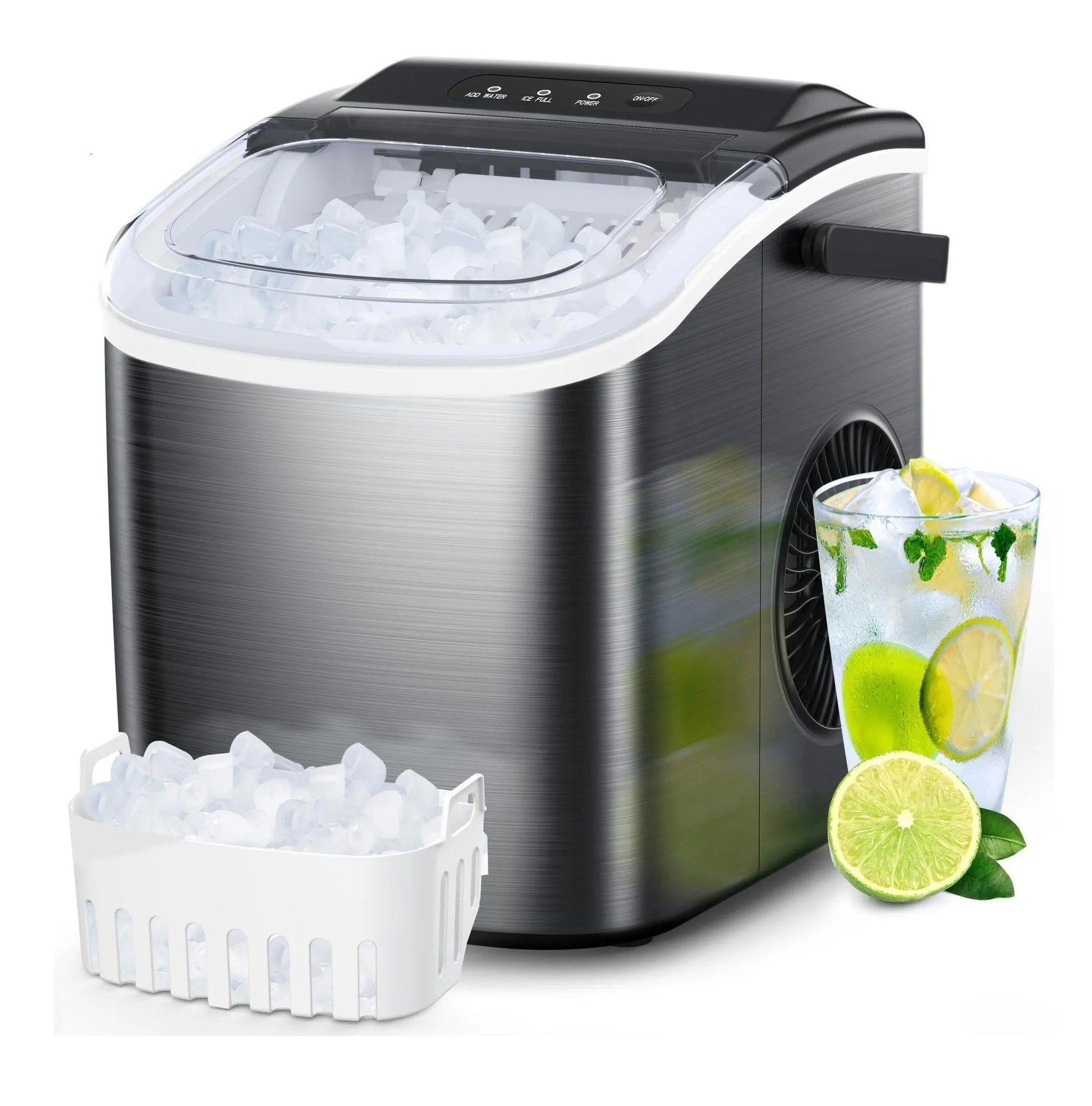 COWSAR Bullet Ice Maker Countertop with Self-Cleaning, Staninless Steel or ABS Plastic, 26.5Lbs/24Hrs, 6 Mins/9 Pcs Bullet Ice, Portable Ice Maker for Kitchen/Home/Office/Party/Rv